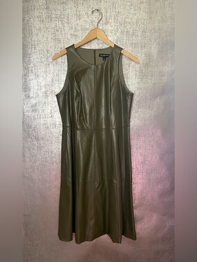 Size 6__INC International Concepts faux leather olive/tarmac green shift dress.